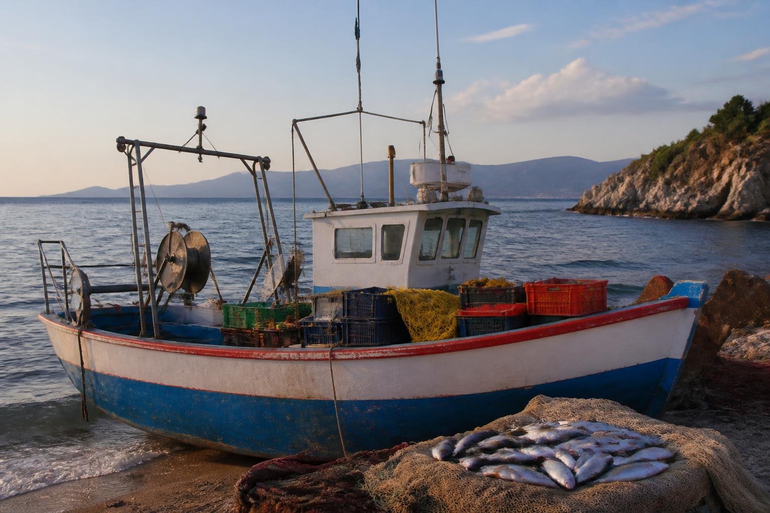 Bateau de pêche côtier avec filets et captures du jour