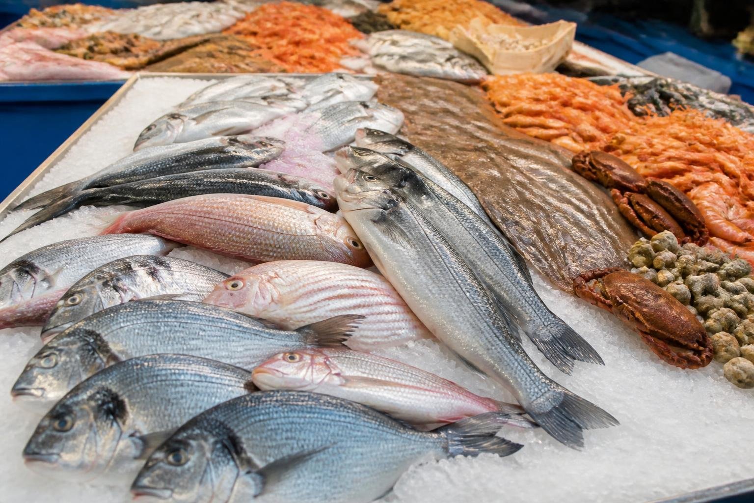 Étal de poissons et fruits de mer frais sur un marché côtier vendéen