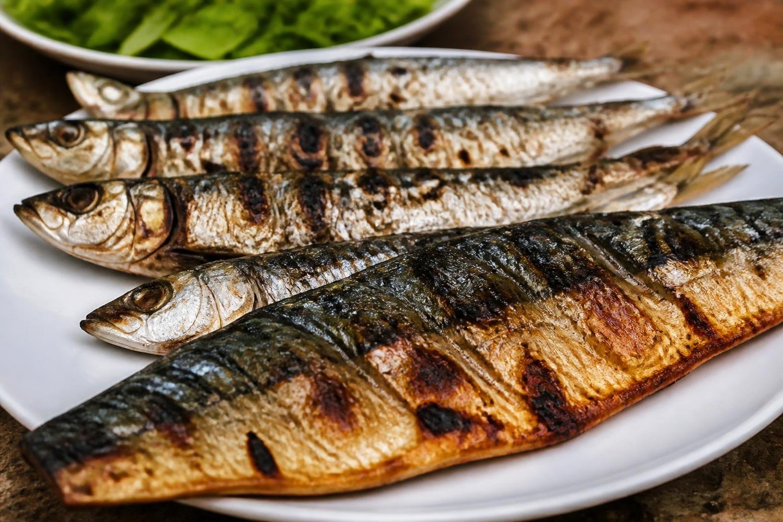 Sardines et maquereaux grillés simplement, présentés sur une assiette