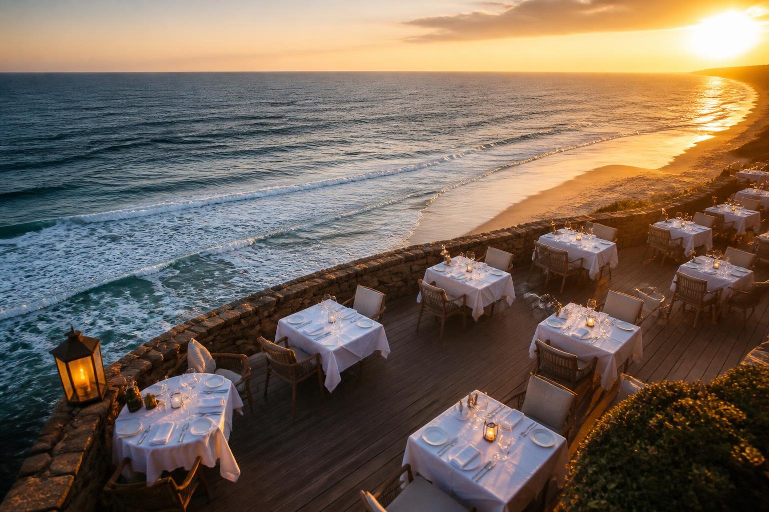 Terrasse du Phare des Sables face à la mer, tables dressées avec vue sur l'océan