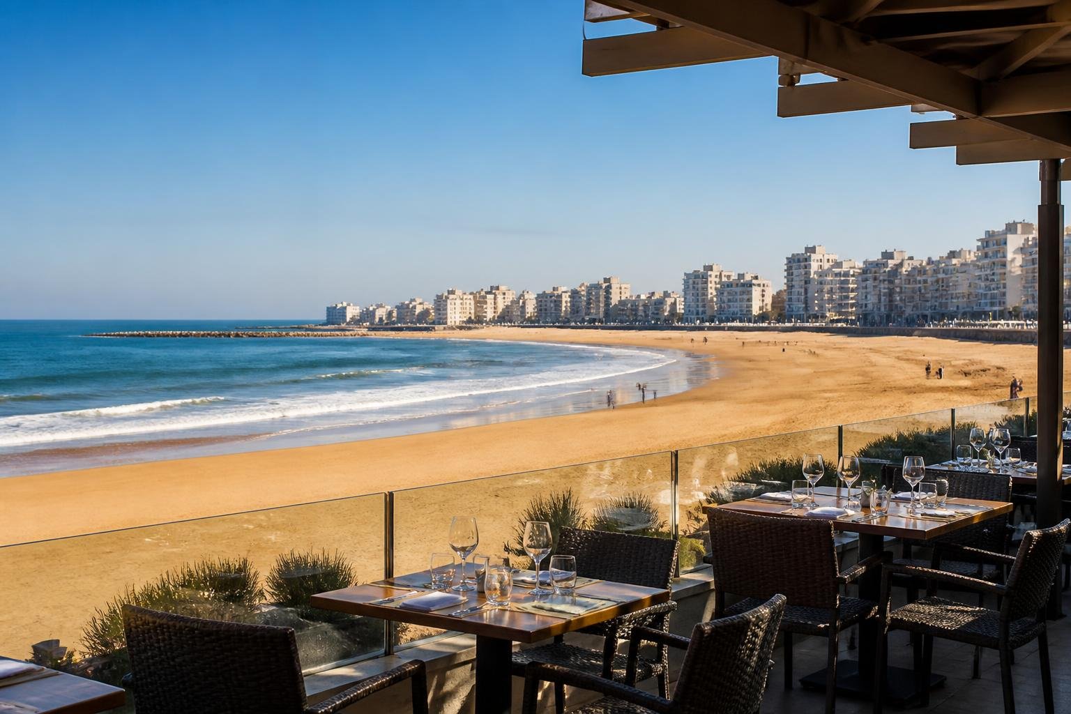 Vue sur la plage des Sables-d'Olonne avec restaurant en front de mer