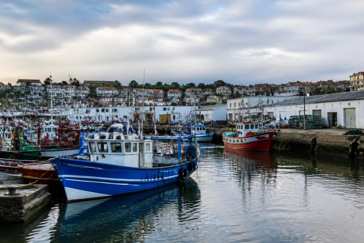 Port maritime avec bateaux de pêche et activité portuaire