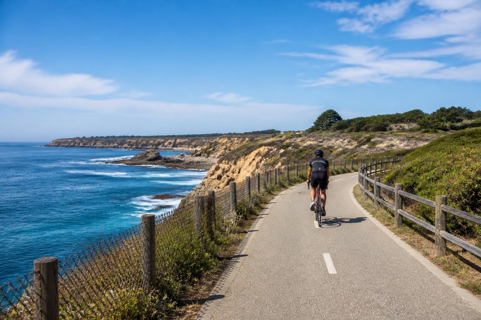 Cycliste sur piste côtière avec vue sur la mer