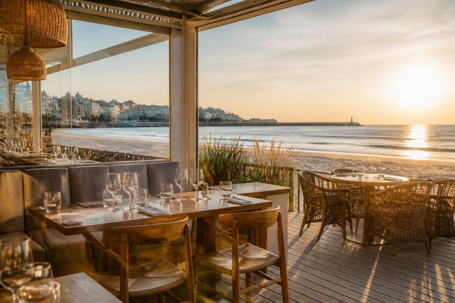 Le Phare des Sables : terrasse du restaurant face à la plage, lumière douce de fin d'après-midi