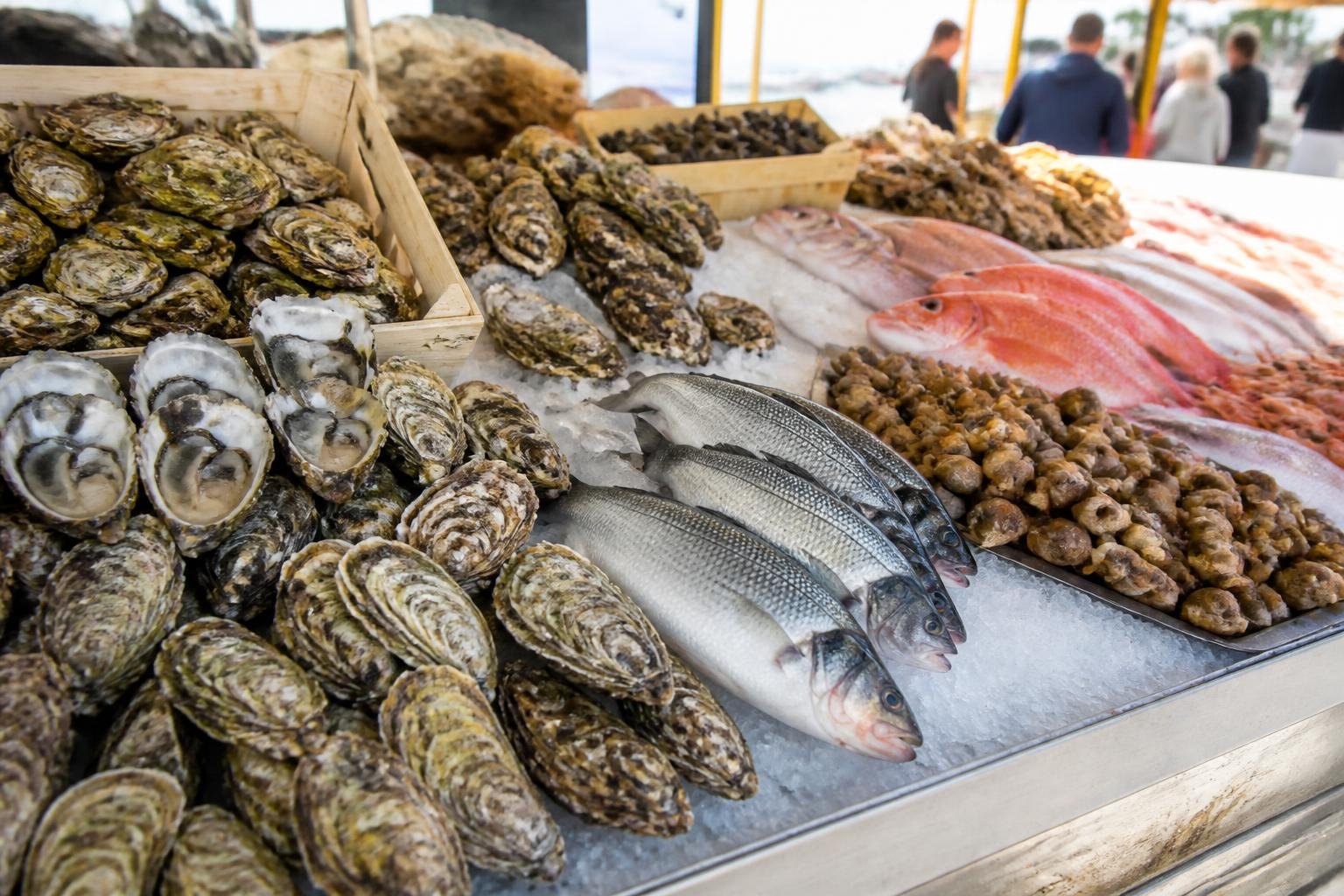 Sélection de produits de mer frais : huîtres et poissons du jour au marché