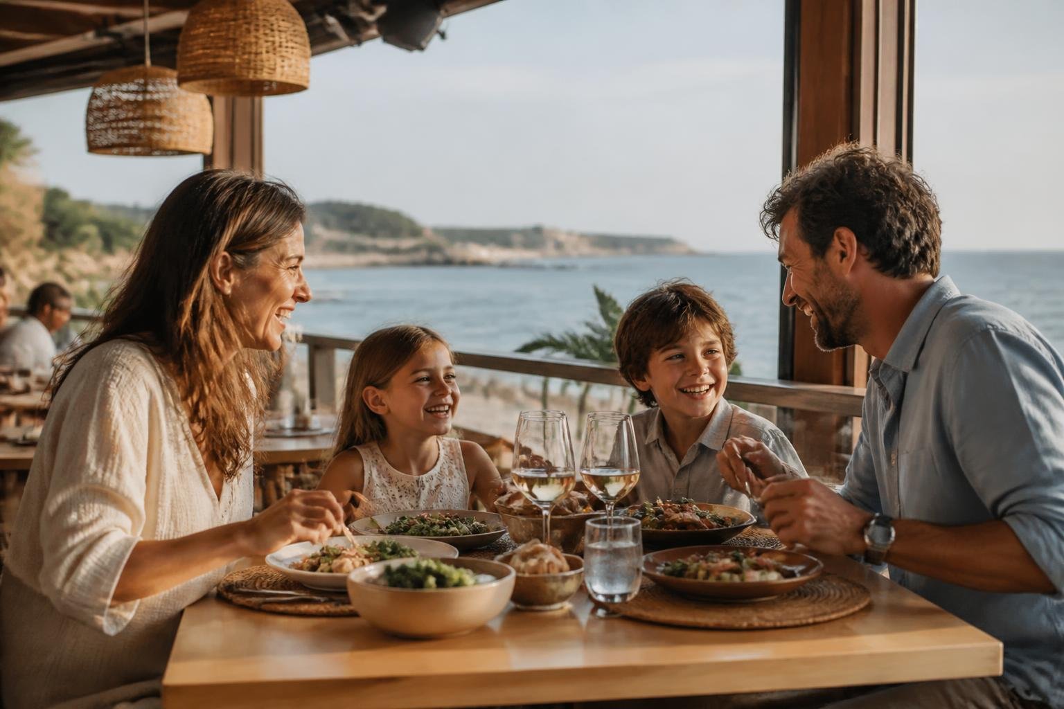 Famille souriante autour d'une table en restaurant, ambiance chaleureuse et familiale